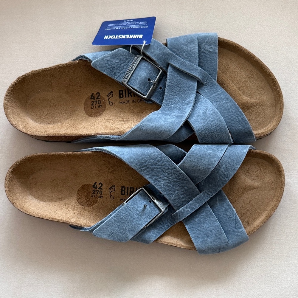 NEW Birkenstock Lugano Denim Blue Leather Criss-Cross Sandals 42 11 11.5